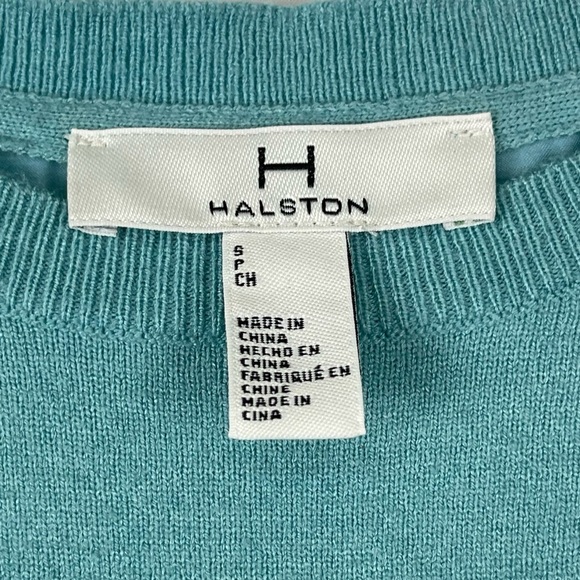 H Halston Sweater Womens Small Turquoise Blue Green Knit Front Satiny Back Ruch - Picture 4 of 8